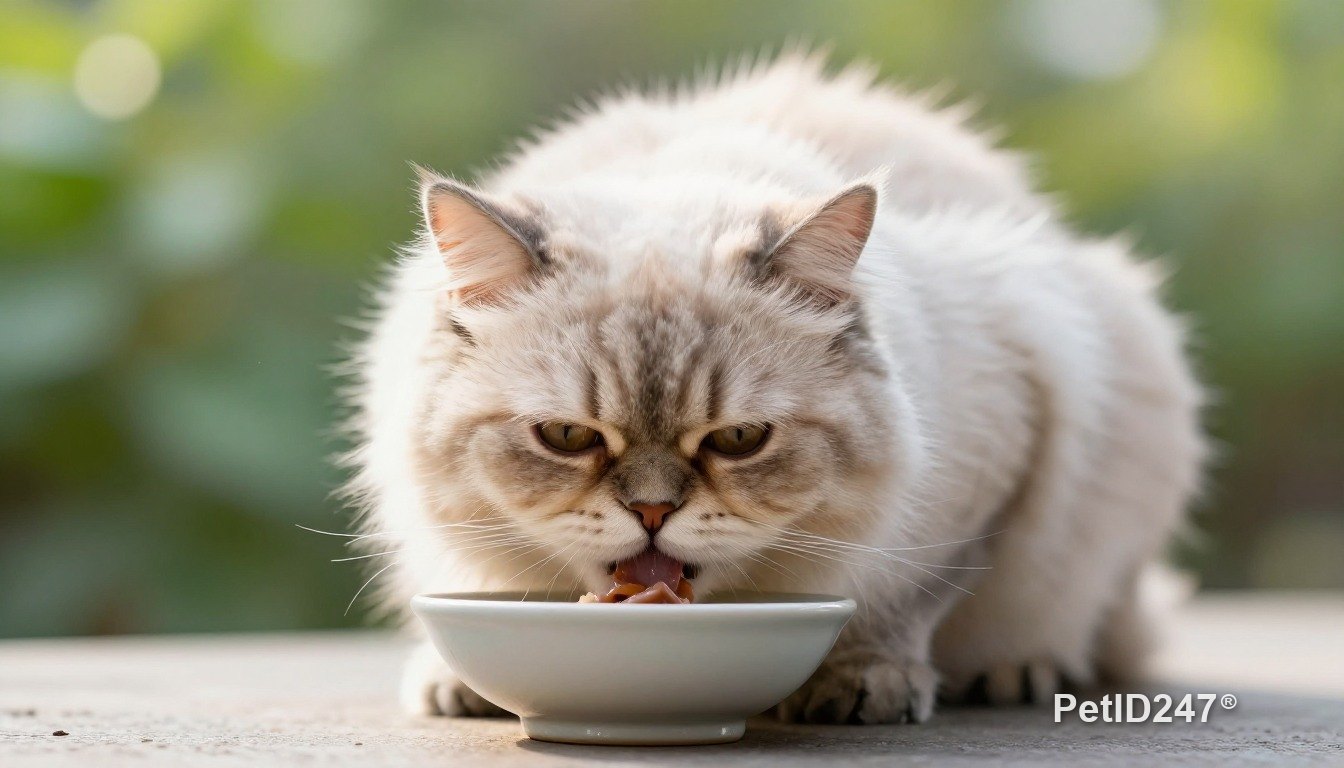 Persian cat eating from a bowl, morning light