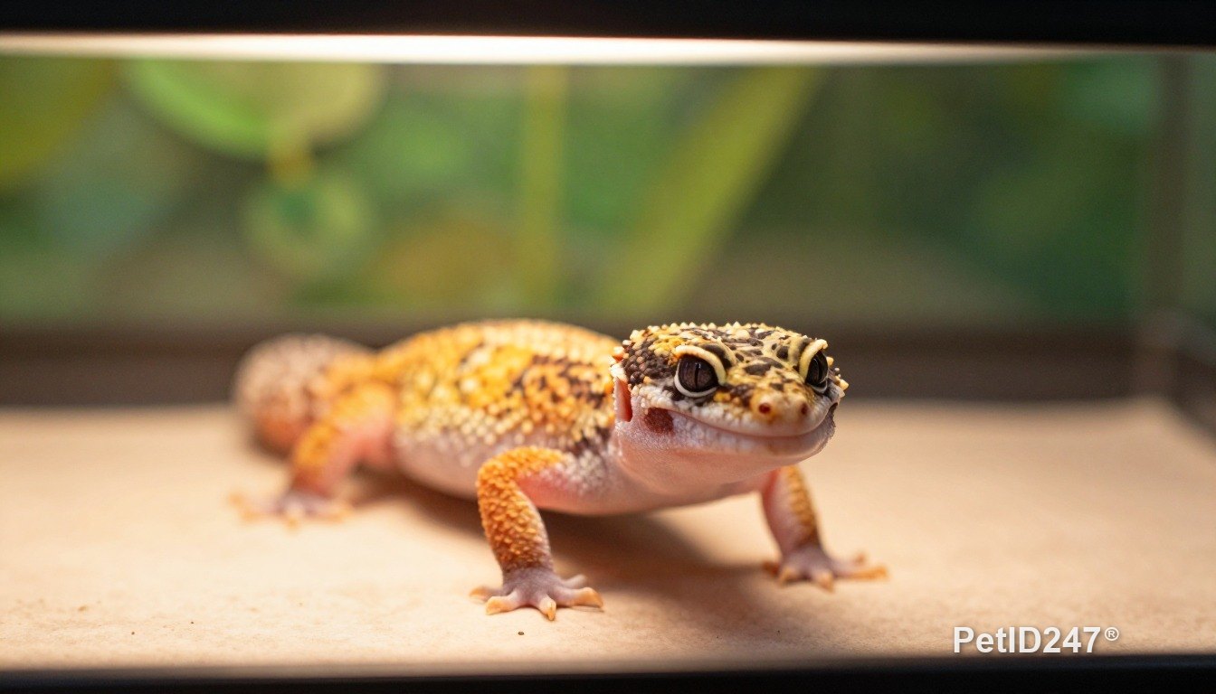 Leopard gecko basking under a lamp, morning light