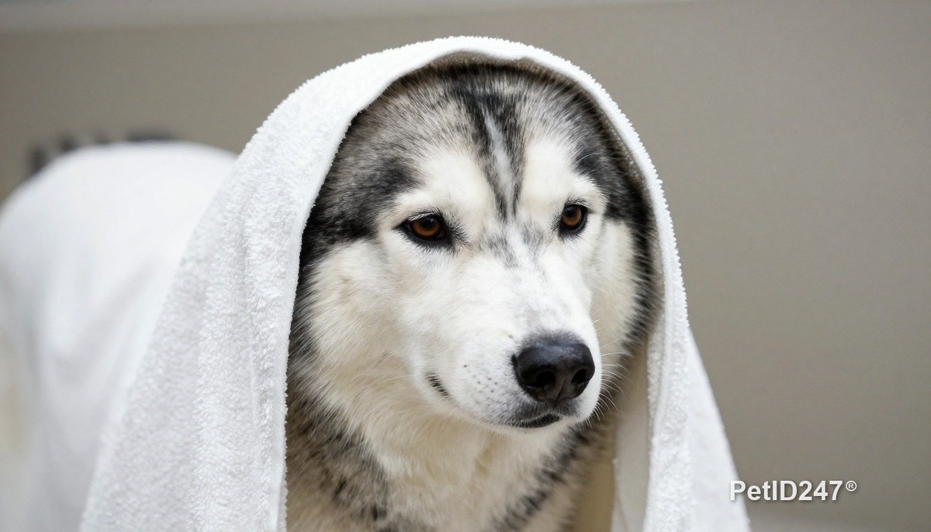 Chó husky quấn khăn sau khi tắm
