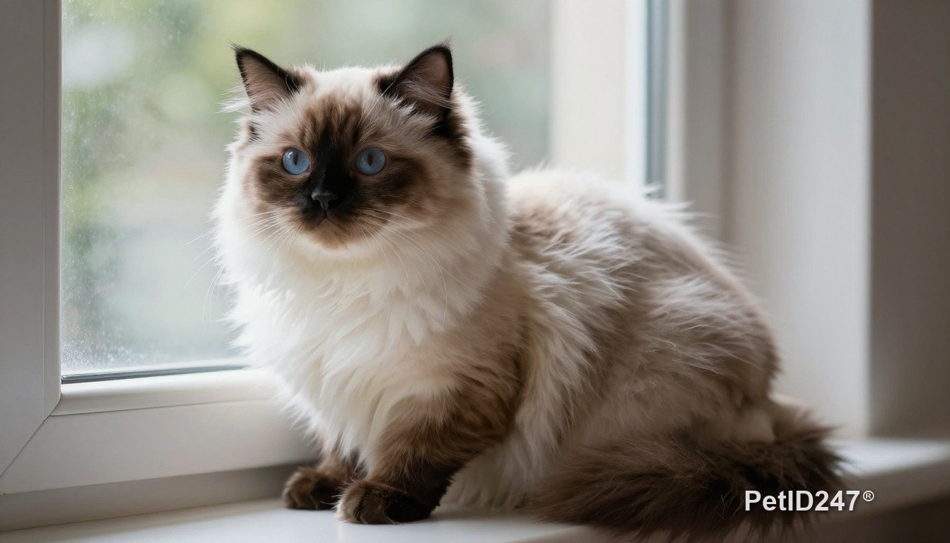 Mèo ragdoll ngồi bên cửa sổ