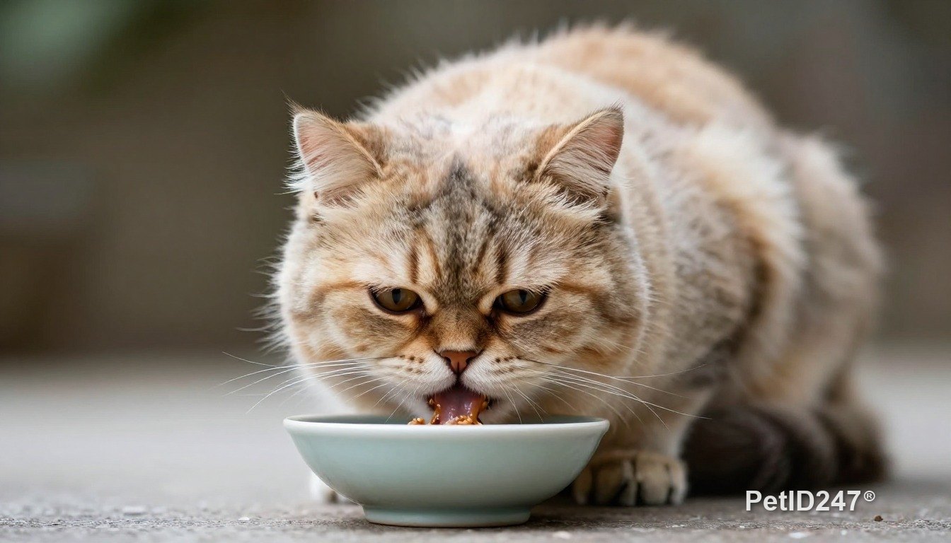 Persian cat eating from a bowl