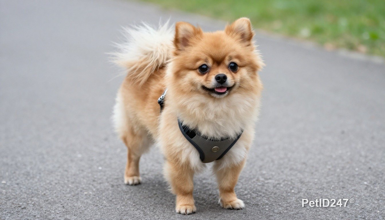 Pomeranian out for a walk in a harness