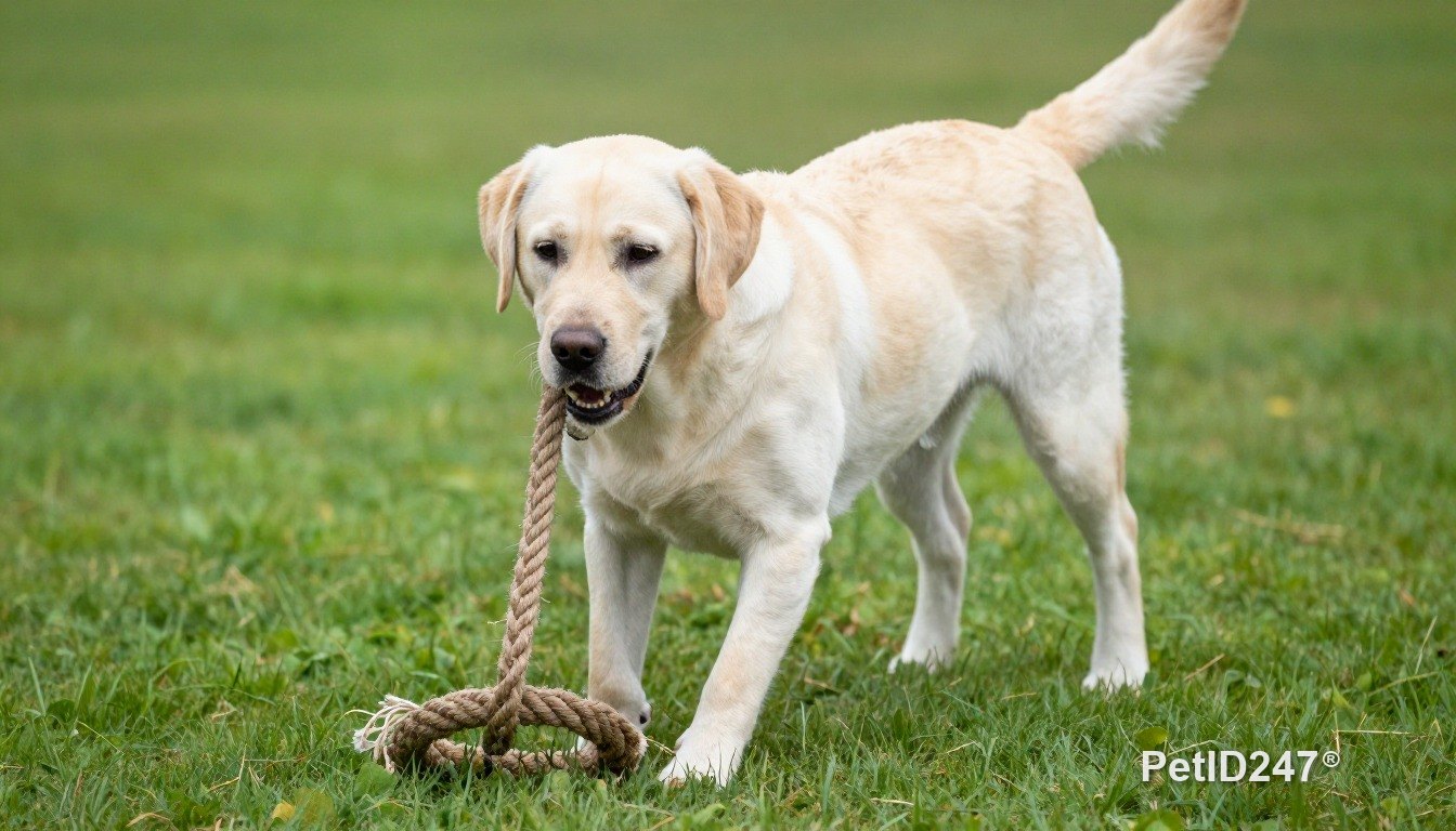 Chó labrador chơi dây thừng trên cỏ