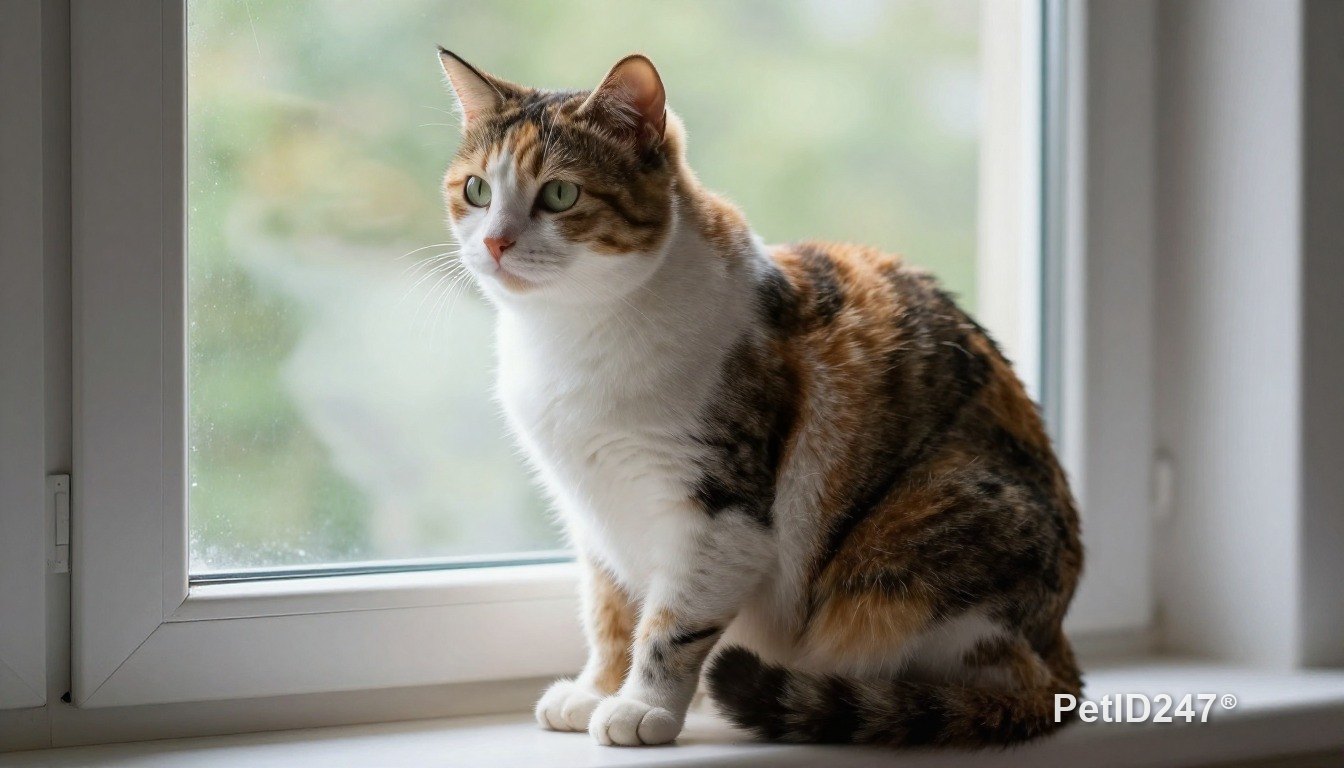 Calico cat sitting by the window