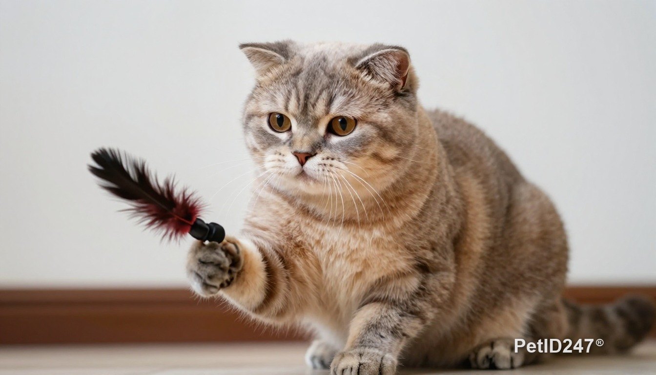 Scottish fold playing with a feather toy