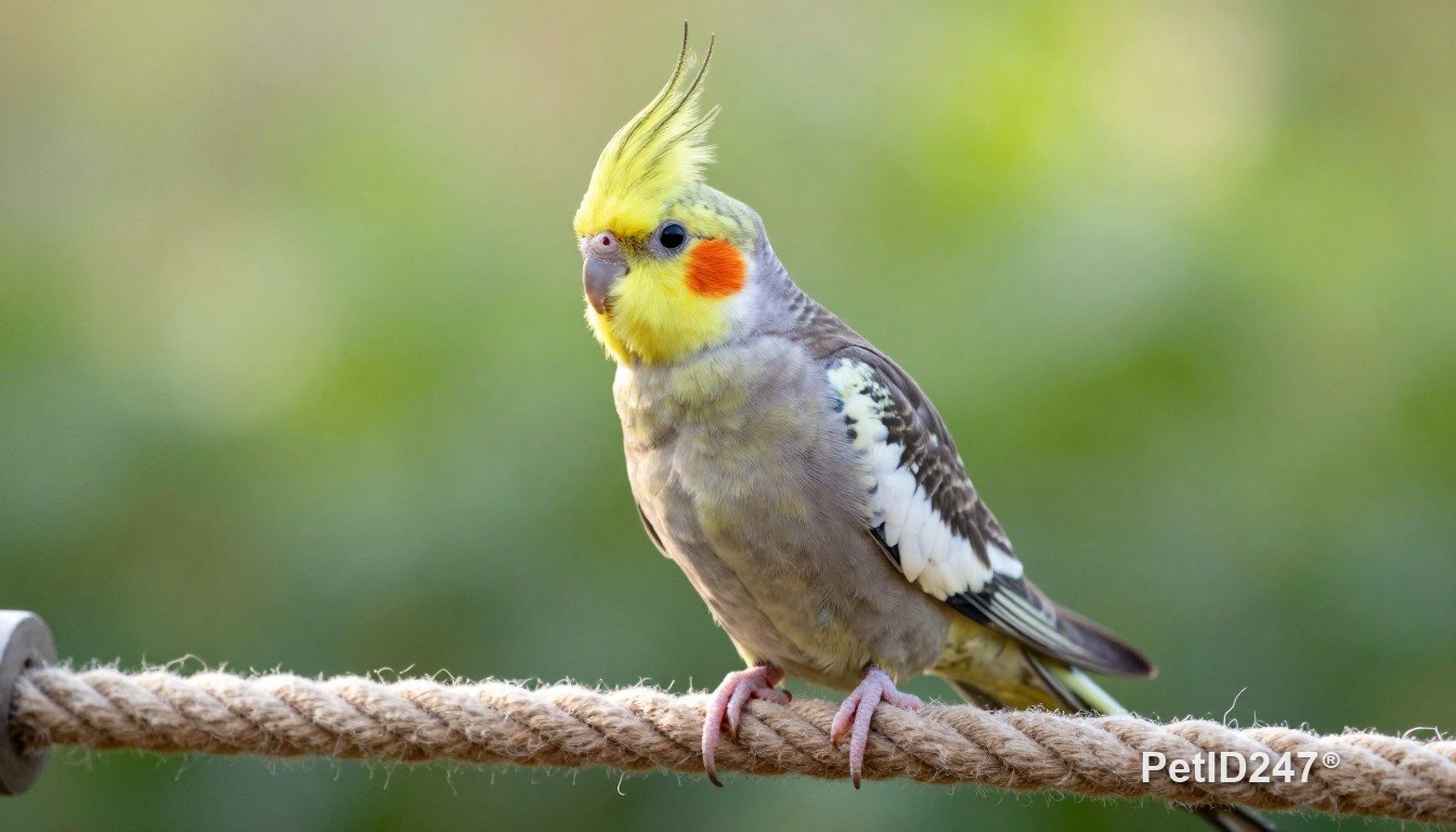 Cockatiel playing on a rope perch, morning light