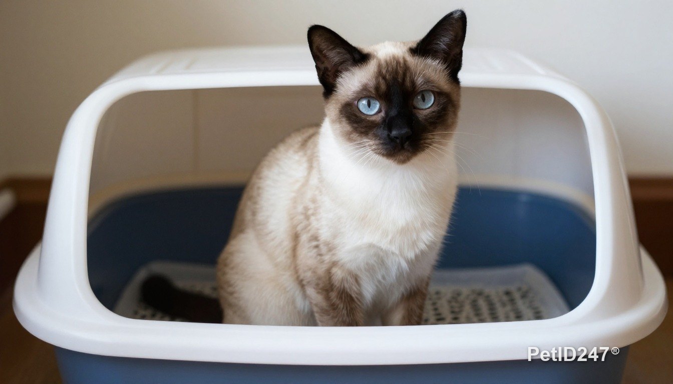 Siamese cat next to a litter box