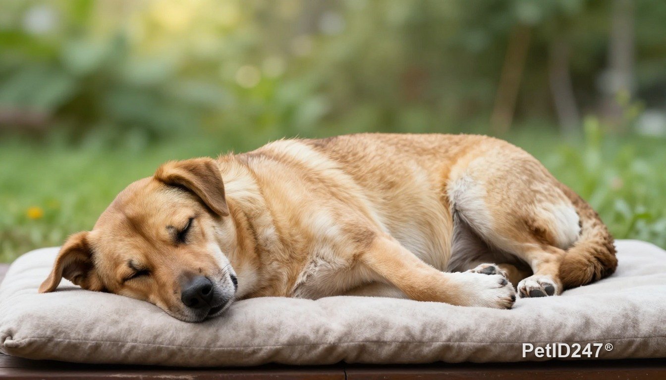 Mixed-breed dog sleeping on a cushion, morning light
