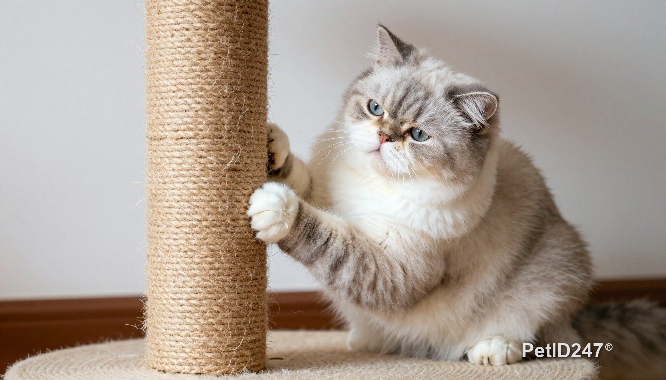 Persian cat using a scratching post