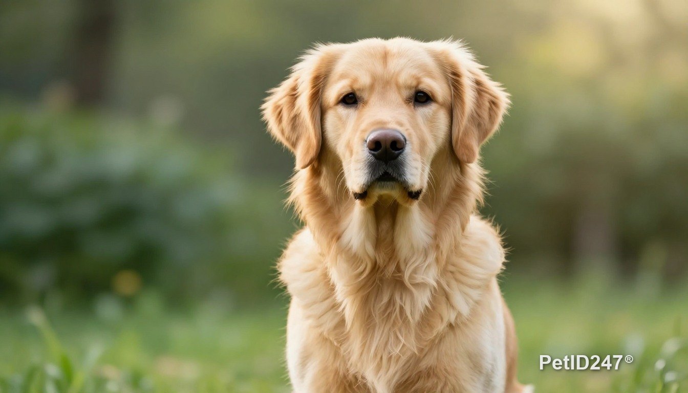 Golden retriever sitting, looking at the camera, morning light