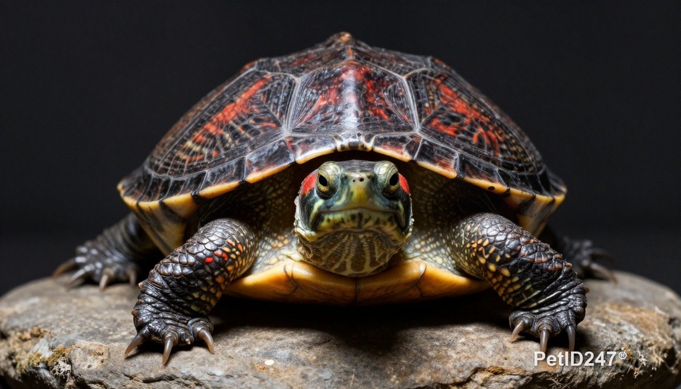 Red-eared slider on a flat stone, dark background