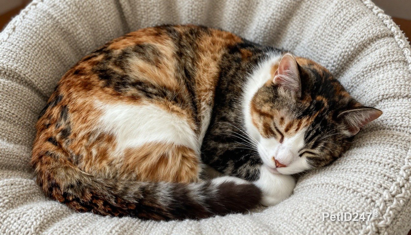 Mèo tam thể cuộn tròn ngủ