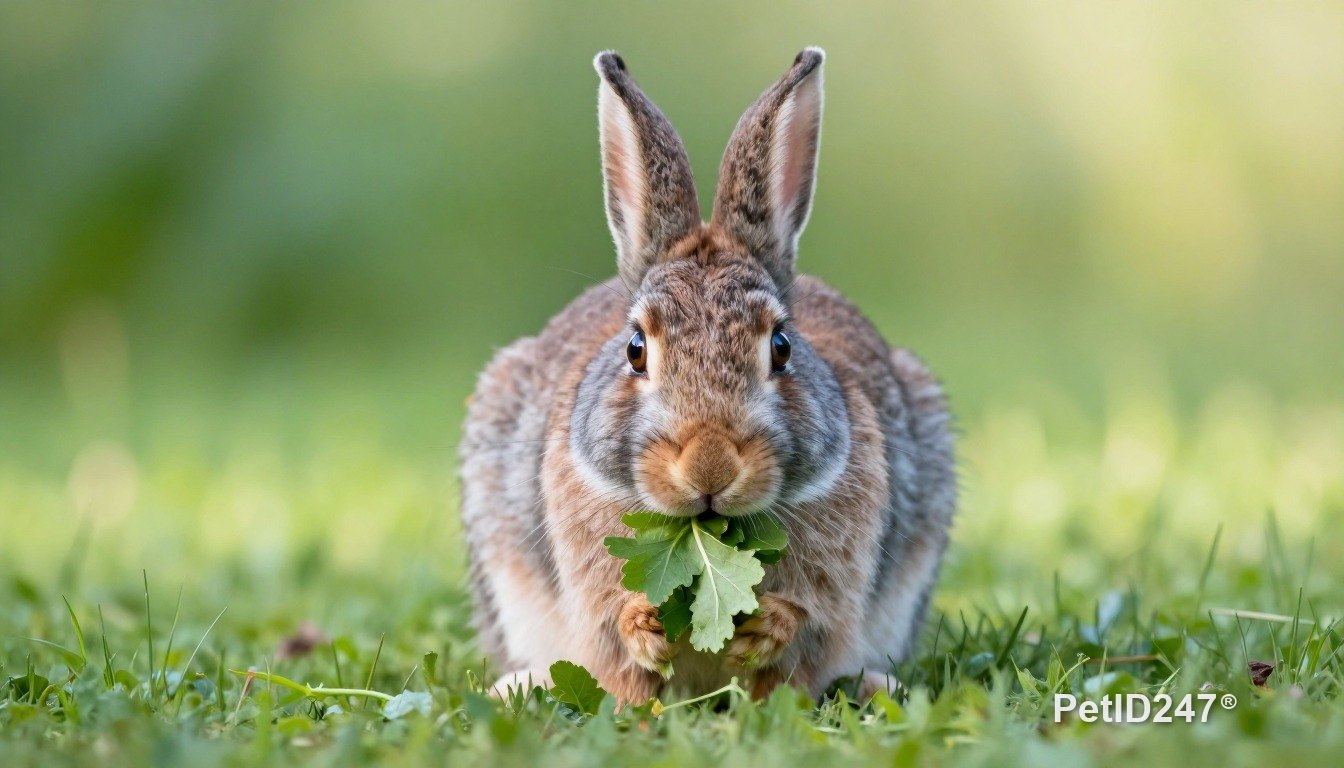 Rabbit eating fresh greens, morning light