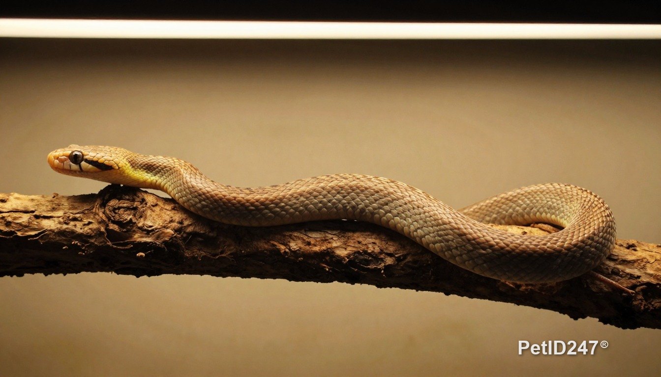 Pet snake on a branch under a lamp