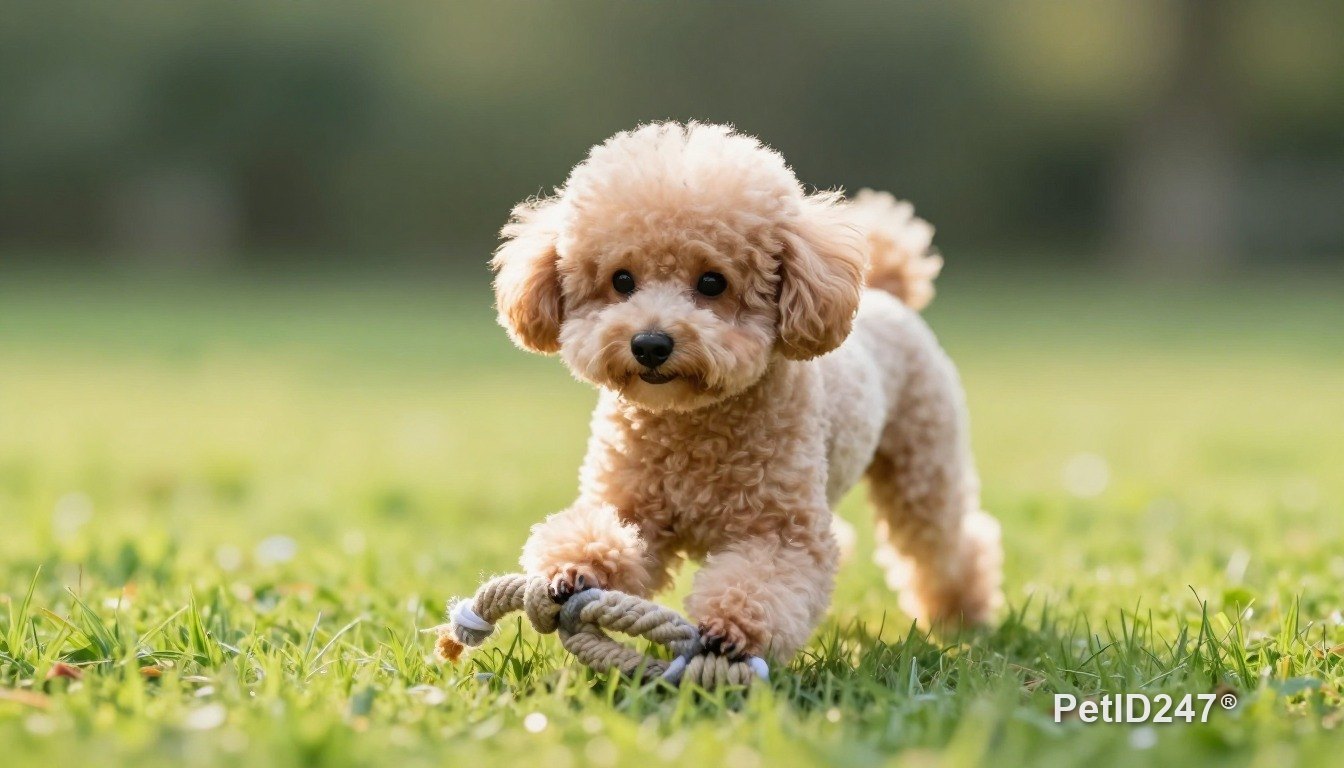 Toy poodle playing with a rope toy, morning light